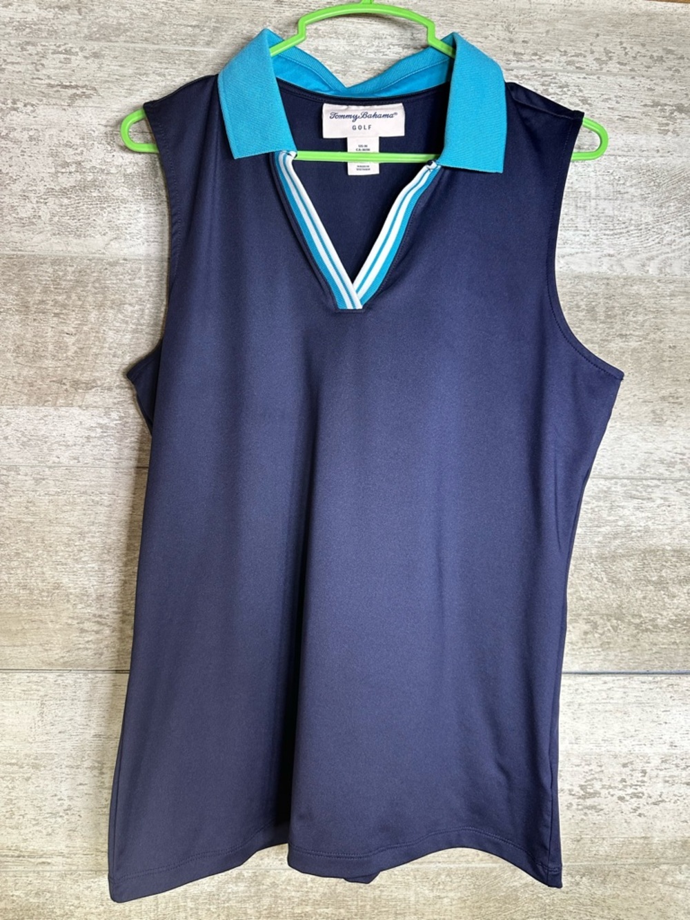 Tommy Bahama Golf Sleeveless Polo Shirt Navy Blue w/Aqua Collar Women’s M